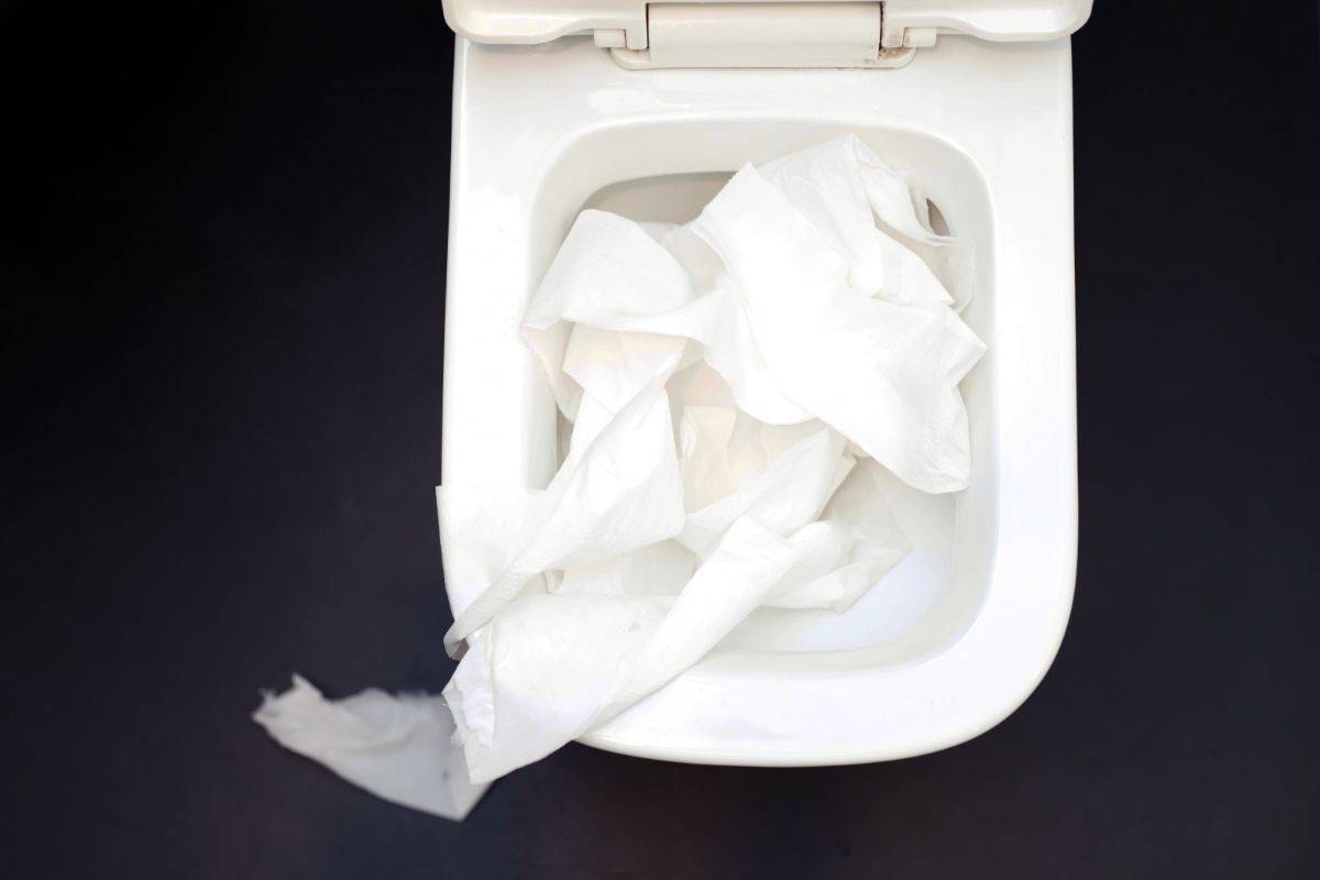 toilet clogged with paper